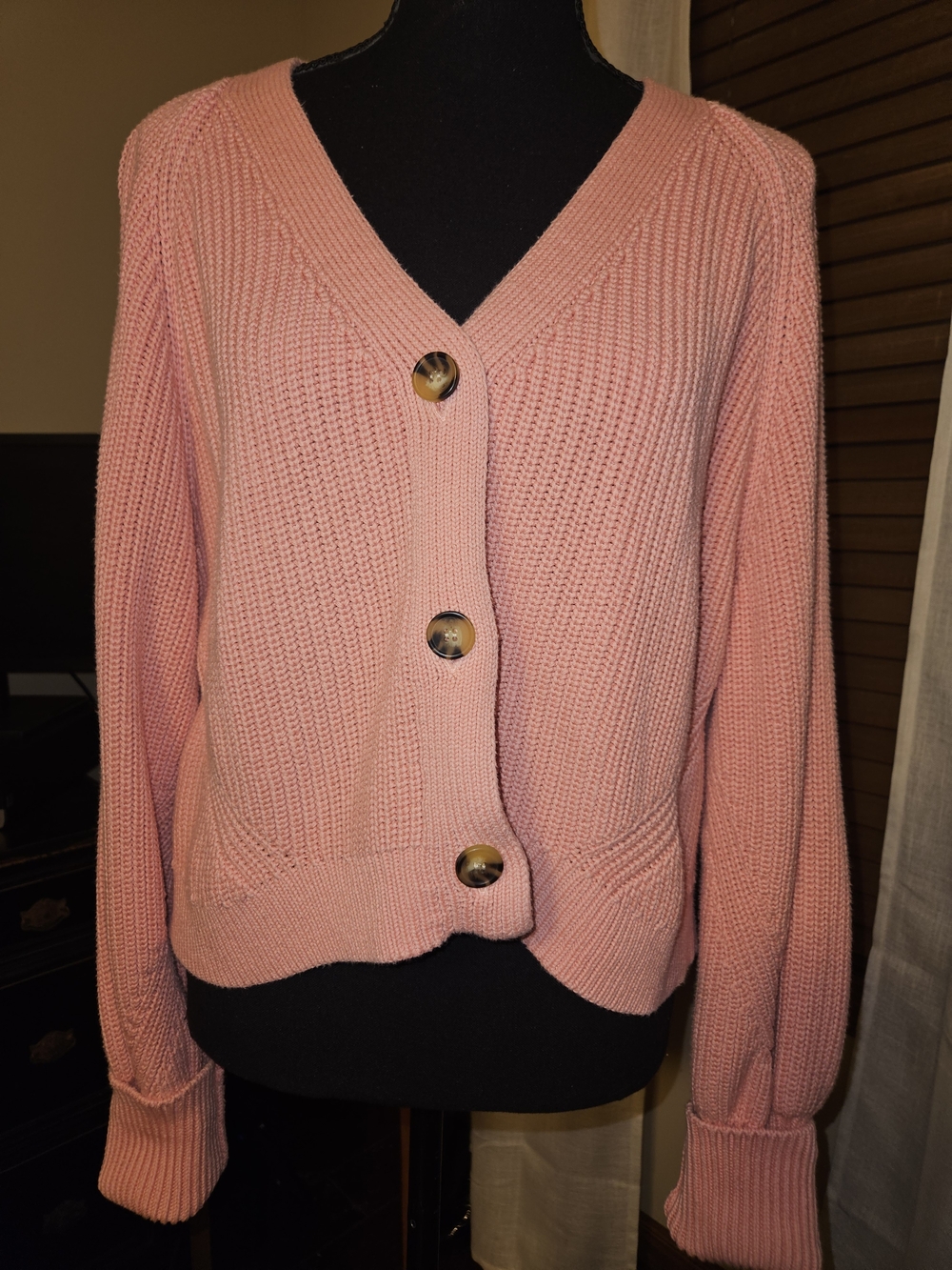 Cropped Pink V-Neck Button Cardigan Sweater